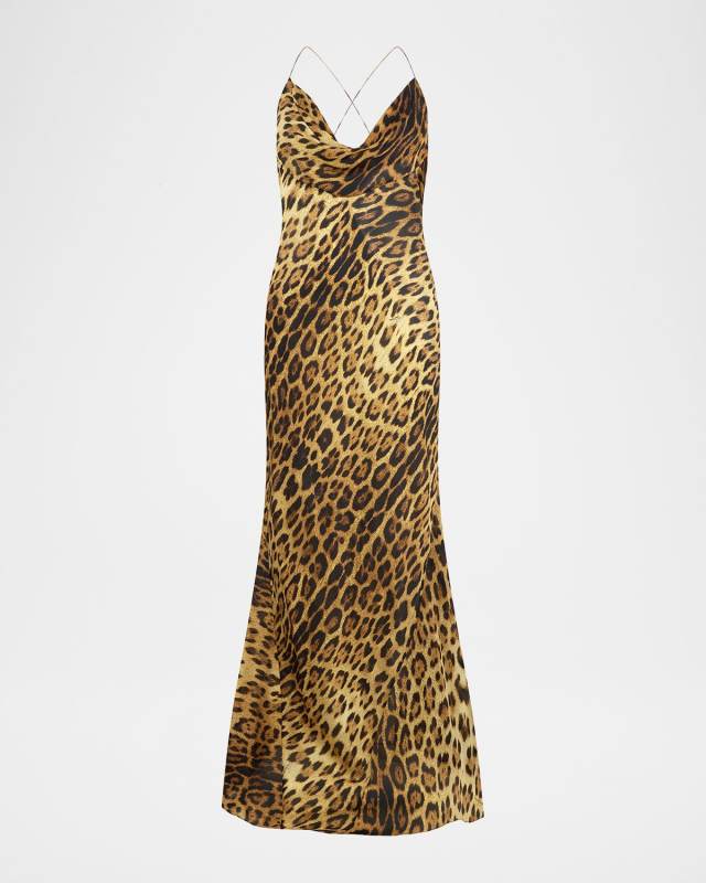 Jaguar-Print Silk Draped Backless Gown